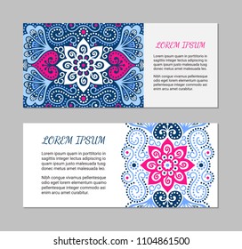 Indian flyer set with bright colorful mehendi style ornament. Ethnic ornamental design. Oriental polygraphy concept. Eastern collection. EPS 10 vector. Clipping masks.