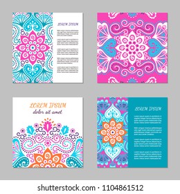 Indian flyer set with bright colorful mehendi style ornament. Ethnic ornamental design. Oriental polygraphy concept. Eastern collection. EPS 10 vector. Clipping masks.