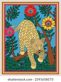 Indian Folk Art: Leopard Motif in Exquisite Madhubani Painting. Madhubani art, Mithila painting, Indian folk art, Madhubani leopard.