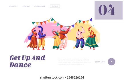 Indian Folk Dance at National Festival Landing Page. Man and Woman Dancer Performing at Folk Asian Show. National Dancing Ceremony in India Website or Web Page. Flat Cartoon Vector Illustration