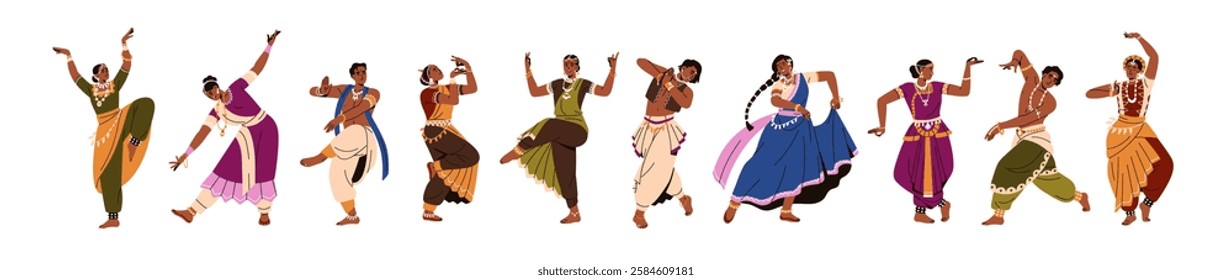 Indian folk dance performers in traditional cultural costumes. Male, female dancers from India, movement poses, performing Bharatanatyam, Kathak. Flat vector illustration isolated on white background