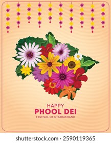 Indian folk festival Phool Dei celebrated in Uttarakhand, India. Map made with flowers, vector design