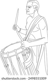 Indian folk musician playing music instrument chenda, chende, hand drawn in thin line style