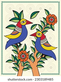 Indische Volksmalerei auf Papagei mit Kalighat Art Style. Farbiges Madhubani mit traditionellen indischen Motiven. Madhubani-Kunst, Zeitgenössische Kunst, Indische Gemälde, Wandgemälde, Moderne Kunst.