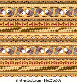 Indian folk seamless print. Madhubani seamless pattern of fish.Colorful Vector hand drawn flat illustration for fabric, print, wrapper, textile.