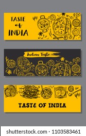 Indian food banner collection. Linear graphic. Vector illustration. Engraved style.