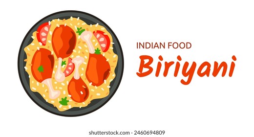 Indian food Biryani - dish of basmati rice, chicken legs on dark plate. Kerala style chicken dhum. Gira, spices and tomatoes. Meal Ramandan. Top view on white background isolated. Vector illustration