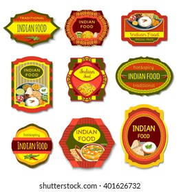 Indian food colorful emblems of traditional hot and spicy dishes with beans vegetables herbs isolated vector illustration 