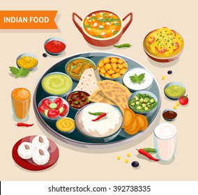 Indian food composition of dishes with seafood beans verdure and sauces also beverages and sweets vector illustration