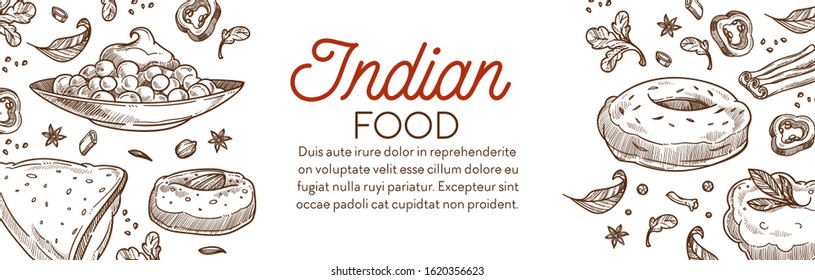 Indian food, cuisine banner. Chana masala savoury chickpeas, crispy samosa with filling, cham cham sweet dessert, vada fried snack, chicken tandoori. Hand drawn illustrations graphic vector and text.