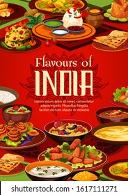 Indian Food Cuisine, Restaurant Menu And India Authentic Dish Cooking Recipe Book Cover. Vector Indian Traditional Meals, Curry Vegetables In Masala Spices, Rice And Meat, Soups, Desserts And Salads