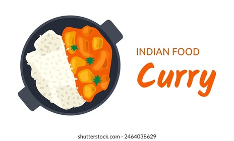 Indian food Curry - pieces of chicken with spicy sauce, rice and parsley on dark plate. View from above. Serving national dish. Traditional cuisine. Cooking with spices. Vector illustration