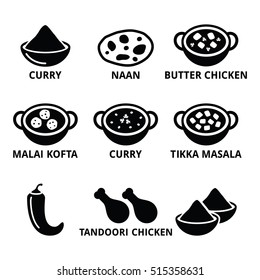 Indian food and dishes - curry, naan bread, butter chicken icons