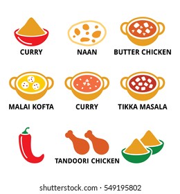 Indian food and dishes - curry, naan bread, butter chicken icons
