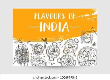 Indian food flyer design. Linear graphic. Vector illustration. Engraved style