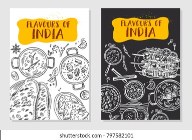 Indian food flyer design  Linear graphic  Vector illustration  Engraved style 