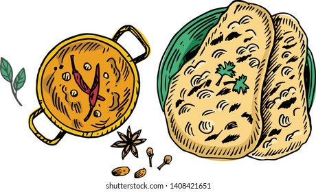 Indian food, hand drawn roti canai and curry, Vector