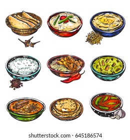 Indian Food Icon Set With Isolated Colored Plates And Different Traditional Dishes Of India Vector Illustration