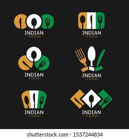 Indian food icons. Indian flag symbols Spoon fork and knife icons