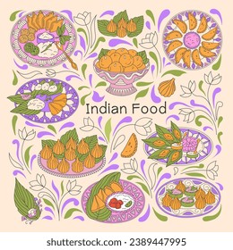 Indian food illustration. Different authentic dishes samosa, Modak, Ladoo, Karanji, and others. Vector.