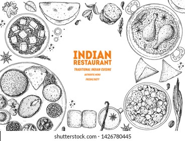 Indian food illustration. Hand drawn sketch. Vector illustration. Menu background.