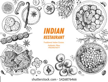 Indian food illustration. Hand drawn sketch. Vector illustration. Menu background.