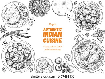 Indian food illustration  Hand drawn sketch  Indian cuisine  Doodle collection  Vector illustration  Menu background  Engraved style 