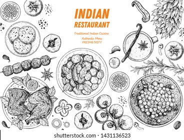 Indian food illustration. Hand drawn sketch. Indian cuisine. Doodle collection. Vector illustration. Menu background. Engraved style. 