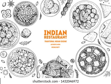 Indian food illustration. Hand drawn sketch. Indian cuisine. Doodle collection. Vector illustration. Menu background. Engraved style. 