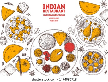 Indian food illustration. Hand drawn sketch. Indian cuisine. Doodle collection. Vector illustration. Menu background. Engraved style. Dish set with Indian thali, naan bread, palak paneer, vada pav. 