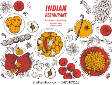 Indian food illustration. Hand drawn sketch. Indian cuisine. Doodle collection. Vector illustration. Menu background. Engraved style.