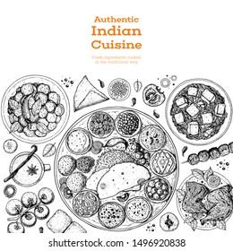 Indian food illustration. Hand drawn sketch. Indian cuisine. Doodle collection. Vector illustration. Menu background. Engraved style.