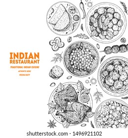 Indian food illustration. Hand drawn sketch. Indian cuisine. Doodle collection. Vector illustration. Menu background. Engraved style. 