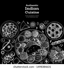 Indian food illustration. Hand drawn sketch. Indian cuisine. Doodle collection. Vector illustration. Menu background. Engraved style.