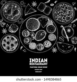 Indian food illustration. Hand drawn sketch. Indian cuisine. Doodle collection. Vector illustration. Menu background. Engraved style. Dish set with Indian thali, naan bread, palak paneer, vada pav. 