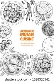 Indian food illustration. Hand drawn sketch. Indian cuisine. Doodle collection. Vector illustration. Menu background. Engraved style. 