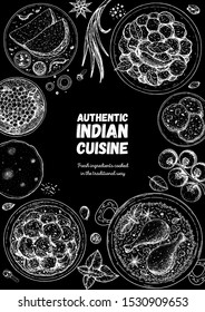 Indian food illustration. Hand drawn sketch. Indian cuisine. Doodle collection. Vector illustration. Menu background. Engraved style. 