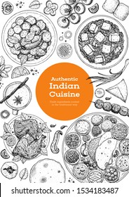 Indian food illustration. Hand drawn sketch. Indian cuisine. Doodle collection. Vector illustration. Menu background. Engraved style.