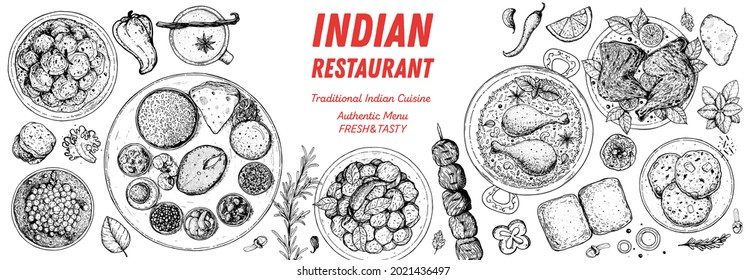 Indian food illustration. Hand drawn sketch. Indian cuisine. Vector illustration. Menu background. Engraved style