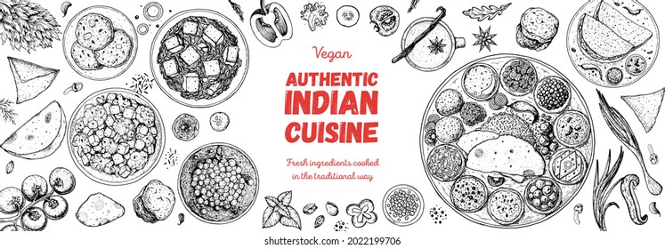 Indian food illustration. Hand drawn sketch. Indian cuisine. Vector illustration. Menu background. Engraved style