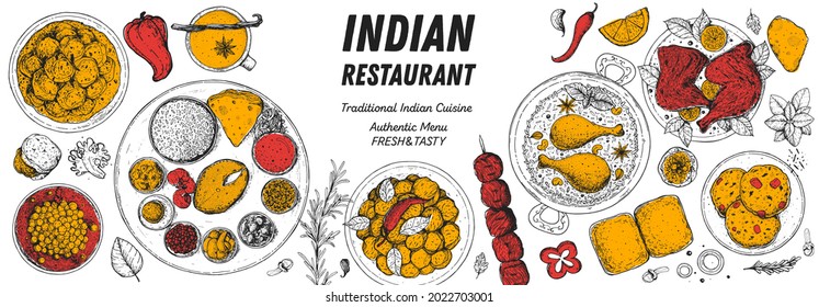 Indian food illustration. Hand drawn sketch. Indian cuisine. Vector illustration. Menu background. Engraved style