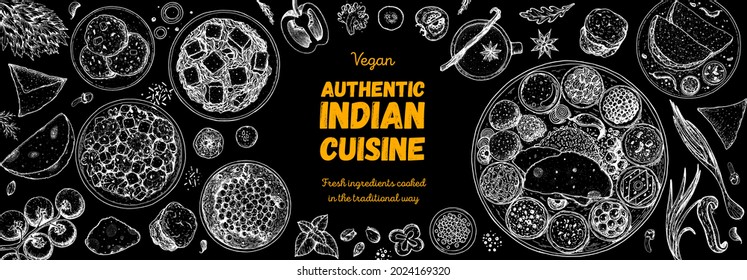 Indian food illustration. Hand drawn sketch. Indian cuisine. Vector illustration. Menu background. Engraved style
