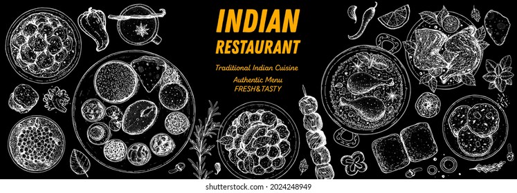 Indian food illustration. Hand drawn sketch. Indian cuisine. Vector illustration. Menu background. Engraved style