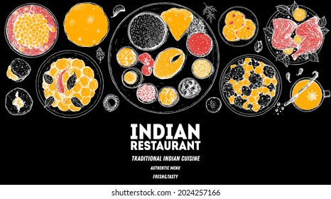 Indian food illustration. Hand drawn sketch. Indian cuisine. Vector illustration. Menu background. Engraved style.