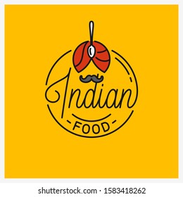 Indian Food Logo. Round linear logo of Indian turban with spoon on yellow background