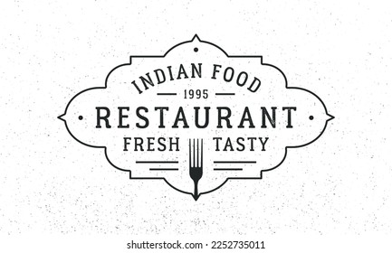 Plantilla de logotipo de comida india. Logo vintage de Indian Restaurant, afiche con marco antiguo. Ilustración del vector