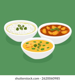  Indian food, Massaman curry, Green curry, Roti, Flat cartoon illustration