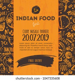Indian Food menu background with lettering. Modern Sketch Flyer for cafe.