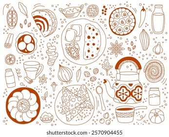 Indian food. Menu India. Curry dish. National cuisine. Restaurant meal. Delicious cooking. Tandoori and naan. Asian samosa. Masala tea. Spicy rice. Chilli or ginger. Vector dinner outline elements set