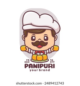 diseño de mascota de dibujos animados de chef panipuri para negocios culinarios, logotipos de marca, pegatinas, identidades de dibujos animados, pegatinas, iconos, etc.